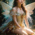 Serene girl with delicate wings in flowing dress and floral crown, seated in woodland light