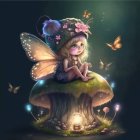 Illustration of Delicate Fairy in Magical Forest with Butterflies