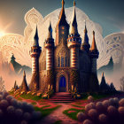 Fantastical palace with dark spires and mystical gardens at sunset