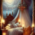 Young girl in blankets looks at night sky with multiple moons and candles, creating enchanted scene