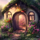 Whimsical treehouse illustration with rounded door and glowing windows