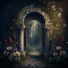 Enchanting forest scene with ornate gate, butterflies, glowing flowers & mysterious path