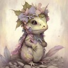 Baby dragon illustration with large eyes, purple spikes, delicate wings in soft beige tones.