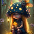 Illustration of doll-like character with big blue eyes and mushroom cap holding a bird among glowing flowers