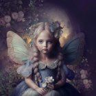 Young fairy girl with ethereal wings in mystical portrait surrounded by purple flowers