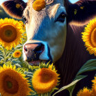 Vibrant cow illustration with sunflowers and petals.