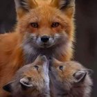 Realistic painting of three foxes with detailed fur and varying sizes.