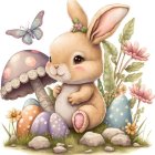 Colorful Easter-themed illustration with cute bunny, eggs, flowers, and butterfly