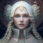 Fantasy female illustration with silver hair, face markings, blue eyes, elvish crown, and