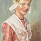 Digitally altered portrait of a young girl in historical clothing with a whimsical orange nightcap