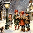 Children in winter clothing sing by lamppost with dog in falling snow