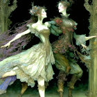 Whimsical couple dancing in nature-inspired costumes