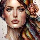 Detailed digital portrait of a woman with teardrops, rose, sparkling skin, and cosmic backdrop.