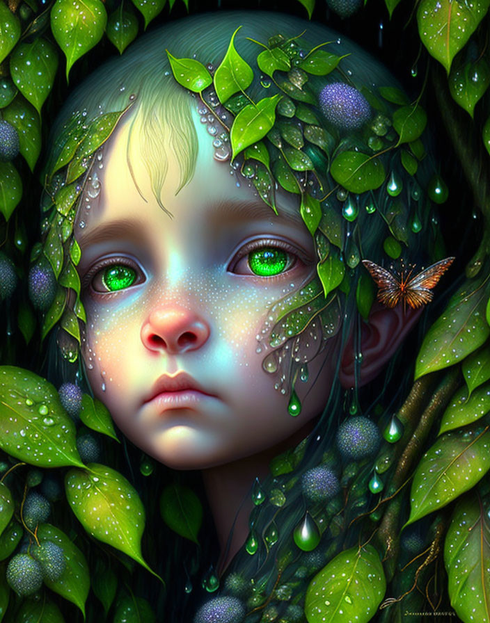 Child with Green Eyes Peering Through Leaves with Butterfly