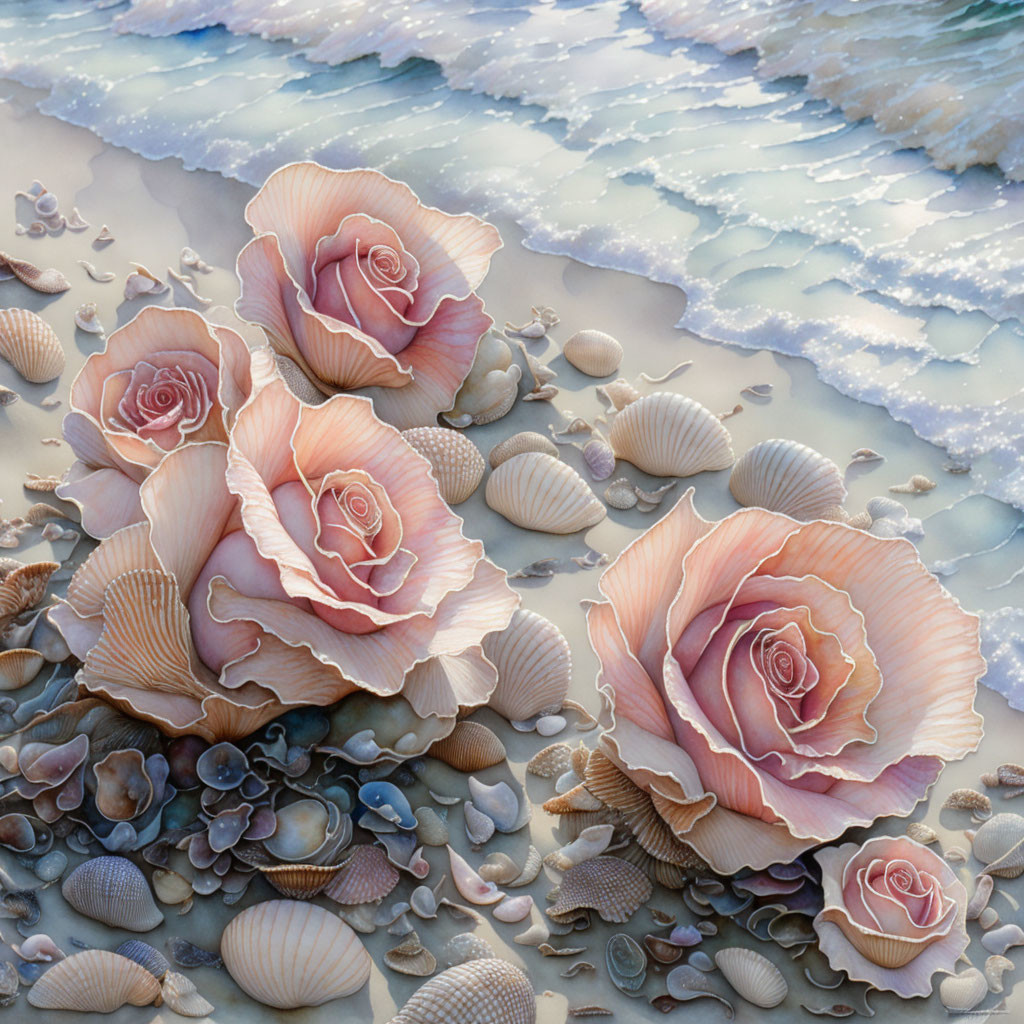 Pink roses with seashell texture amidst beach shells and waves