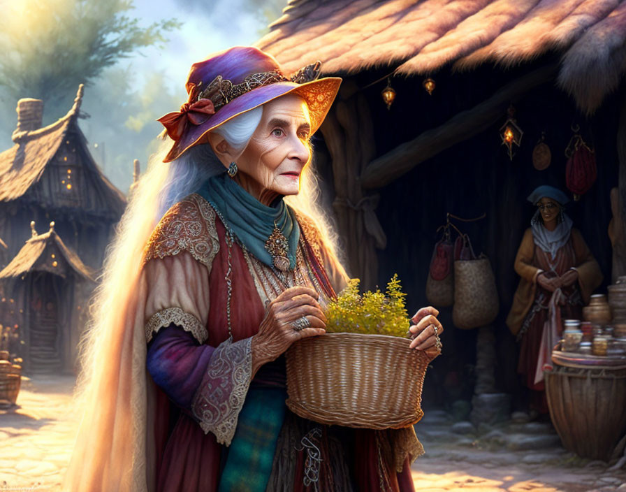 Elderly Woman in Fantasy Attire at Vibrant Medieval Marketplace