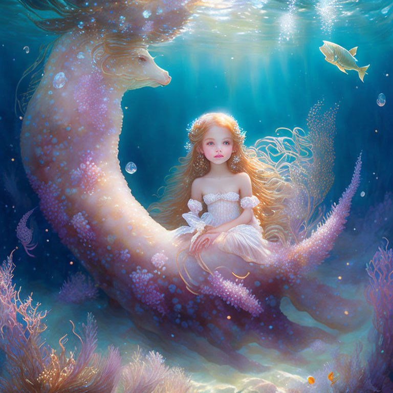 Young girl riding gentle giant seahorse in underwater scene with soft coral and curious fish