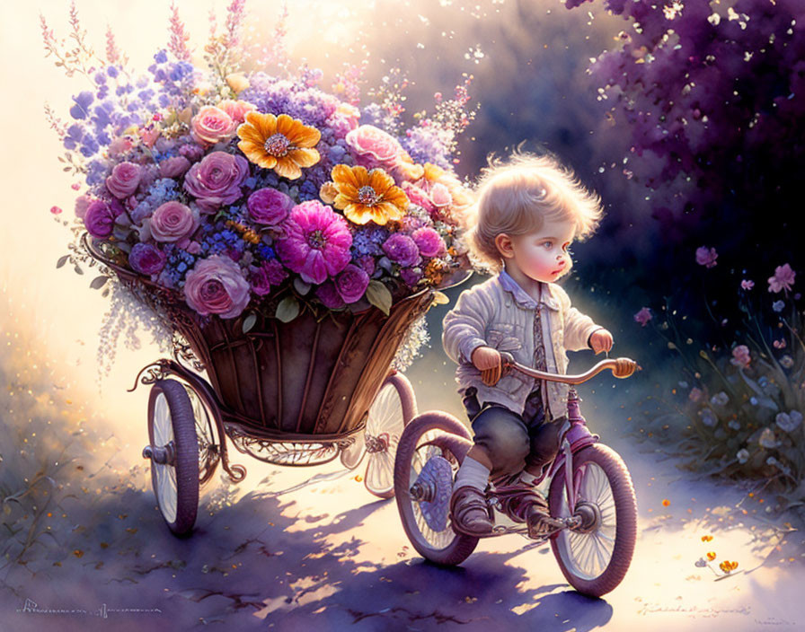 Child Riding Tricycle Pulling Cart of Colorful Flowers