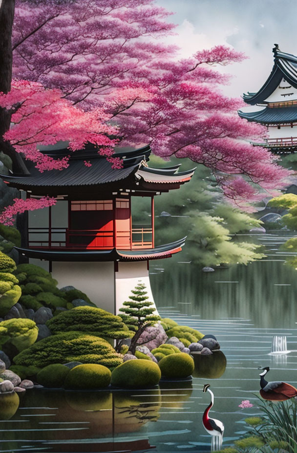 Japanese Pavilion by Tranquil Pond with Cherry Blossoms, Moss-Covered Rocks, and Crane