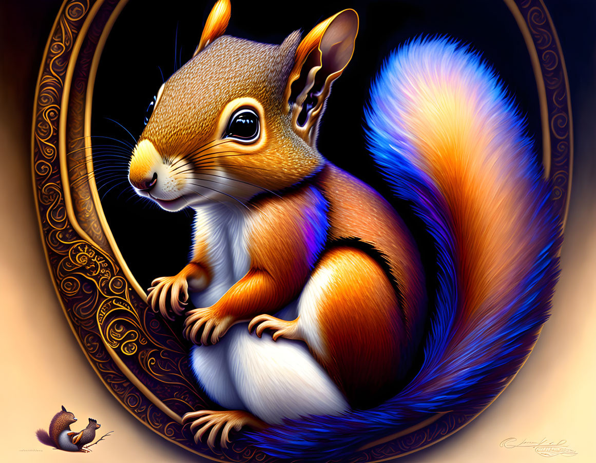 Colorful Digital Art: Red Squirrel with Bushy Tail & Acorn in Oval Frame