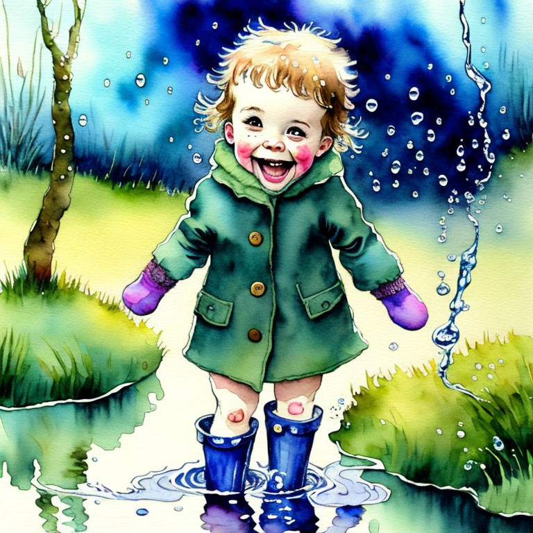 Child in green coat splashing in puddle with whimsical background