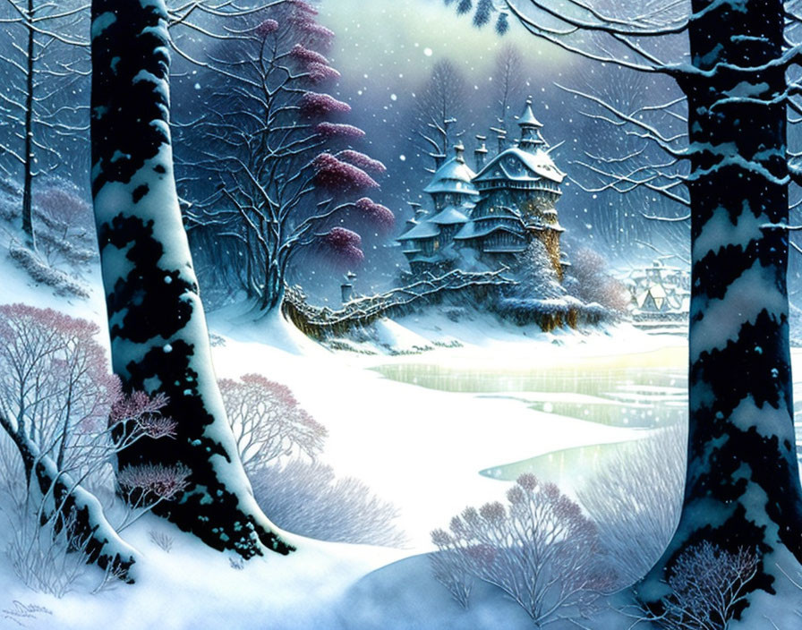 Snowy landscape with castle, frozen river, snow-covered trees, and falling snowflakes.