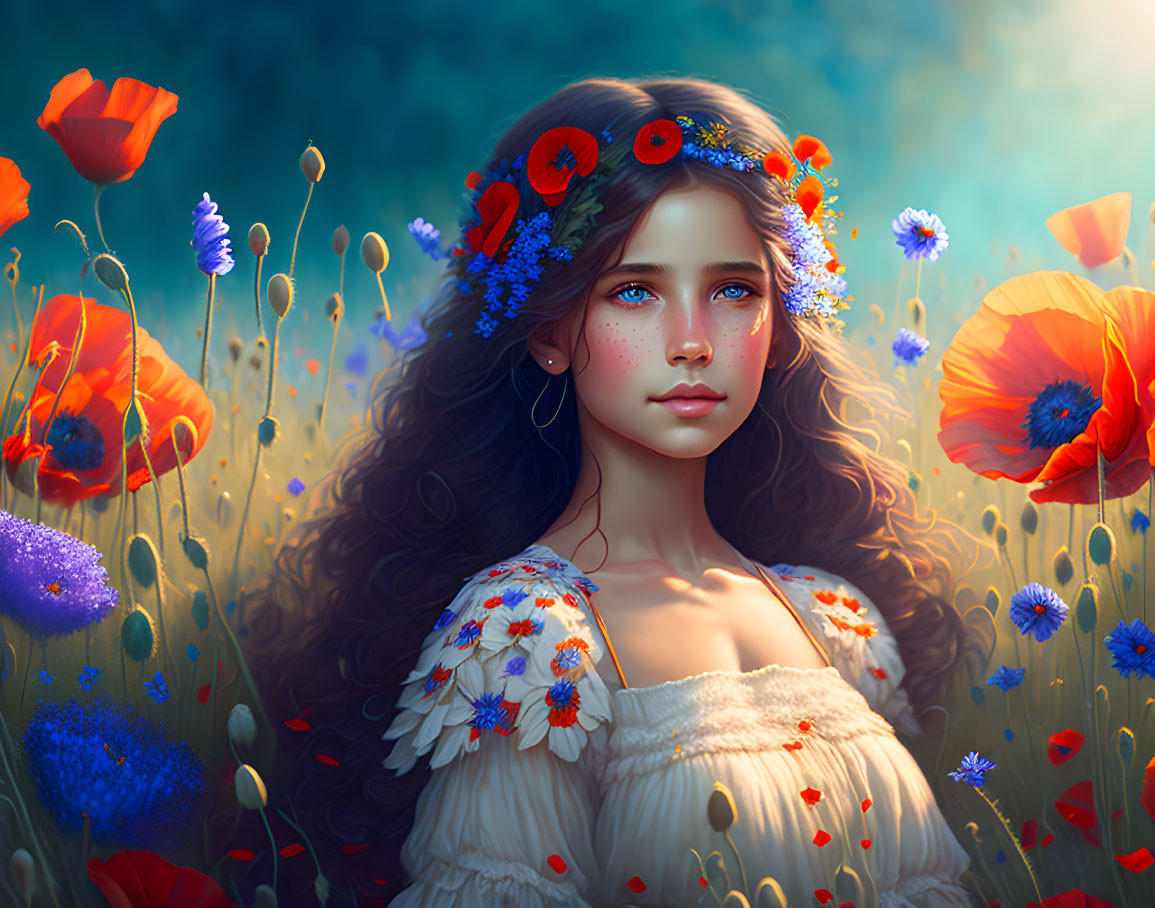 Young girl with floral wreath in poppy field under blue sky