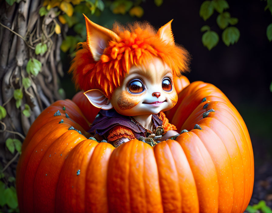 Orange creature with fox-like features in pumpkin on dark background.