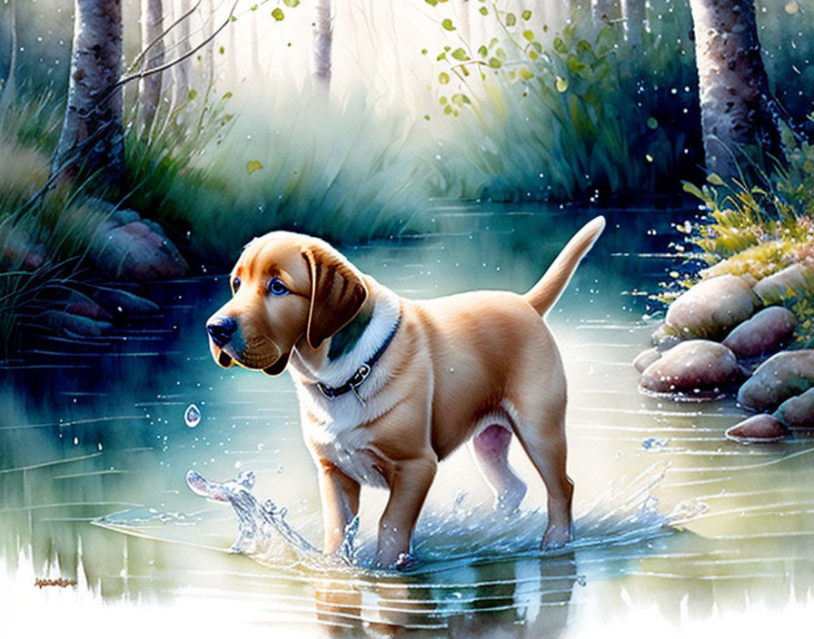 Curious Labrador Puppy in Forest Water Scene