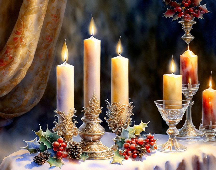 Elegant candlelit setting with holly berries and crystal glass