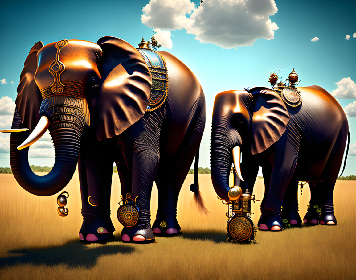 Digital Artwork: Ornately Adorned Elephants in Field under Blue Sky