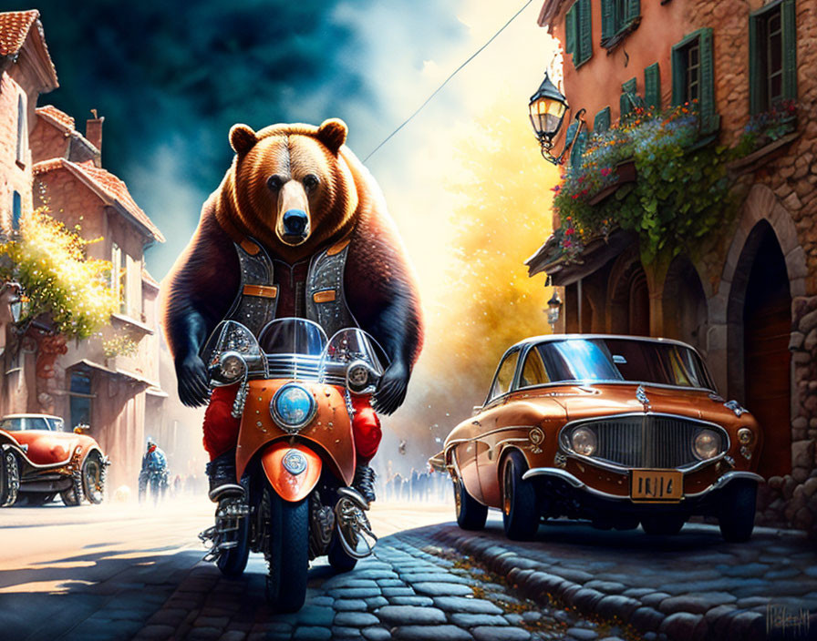 Bear in leather jacket and goggles rides motorcycle in vintage car-lined street.