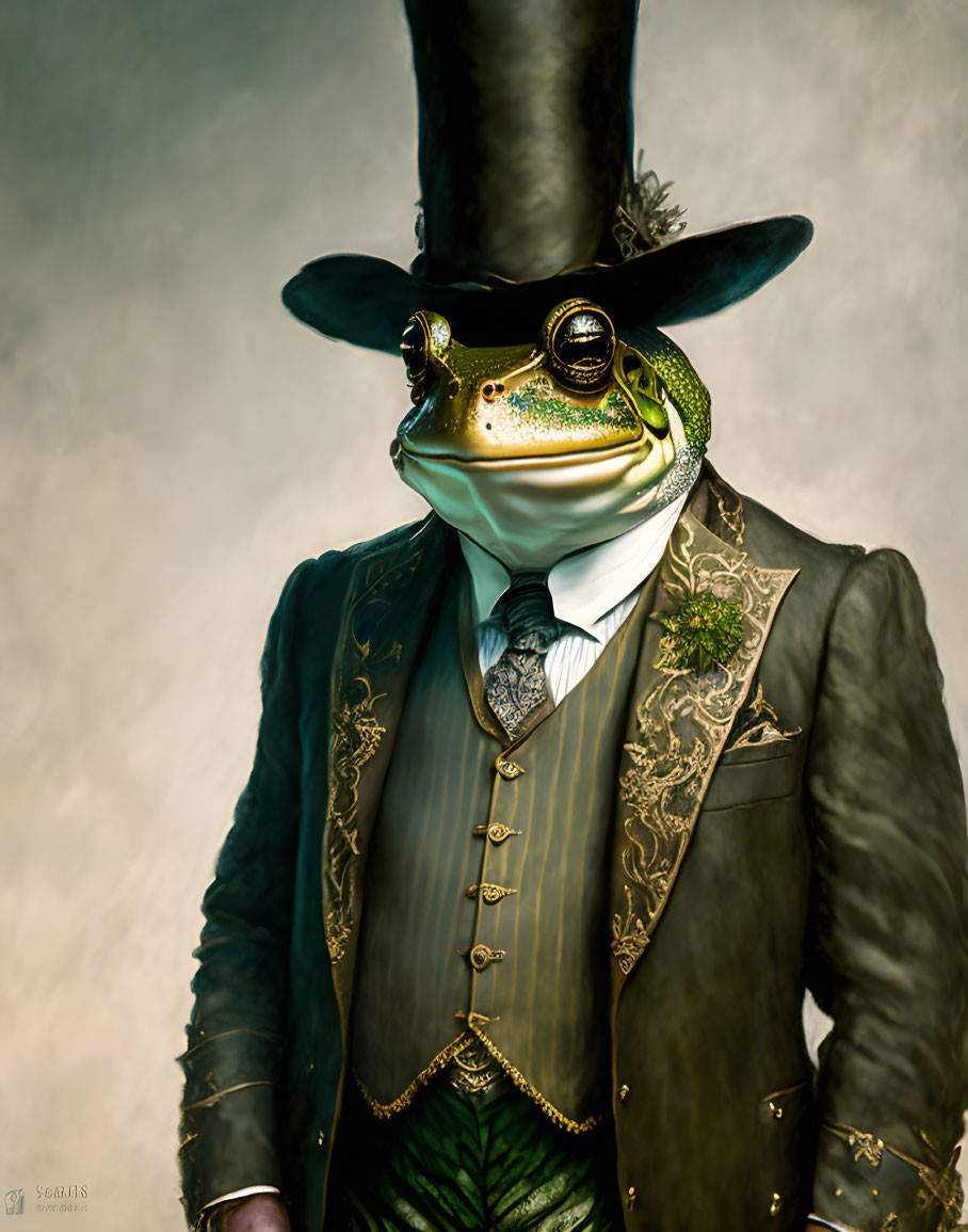 Vintage attire: Anthropomorphic frog in regal outfit