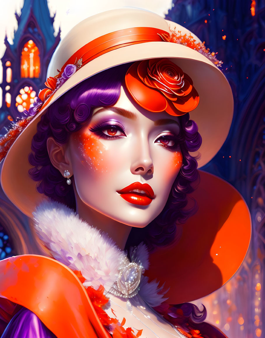 Portrait of woman with purple hair, red lipstick, and floral hat against gothic cathedral.