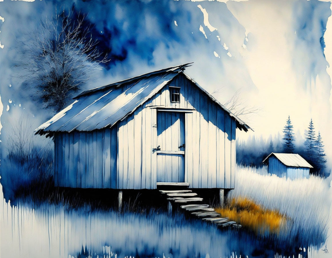 Tranquil rural scene with wooden hut and tall grasses in blue and white tones