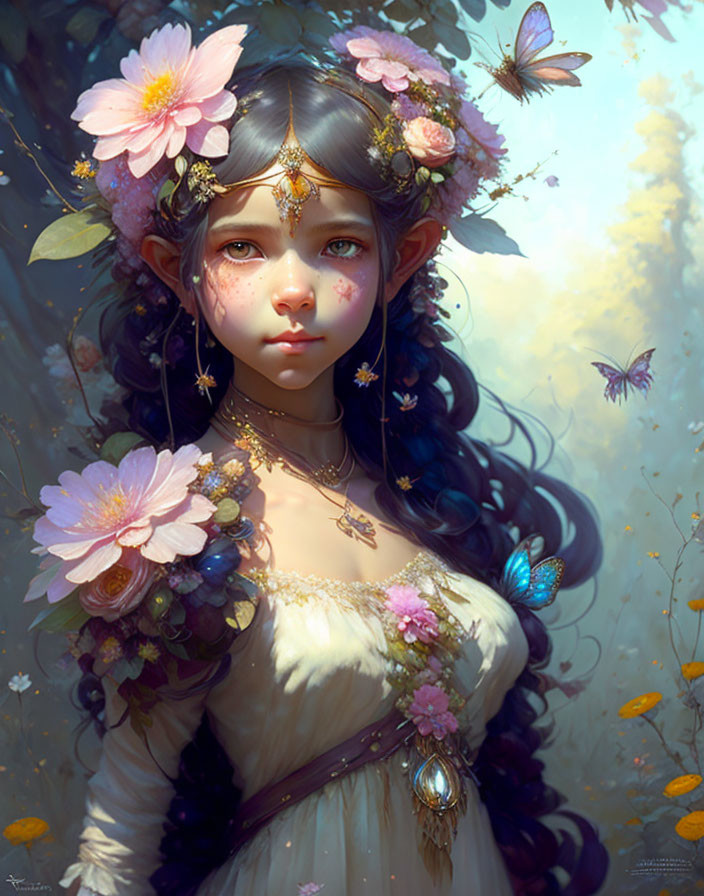 Fantasy illustration of young female with elven features and floral crown in ethereal forest.