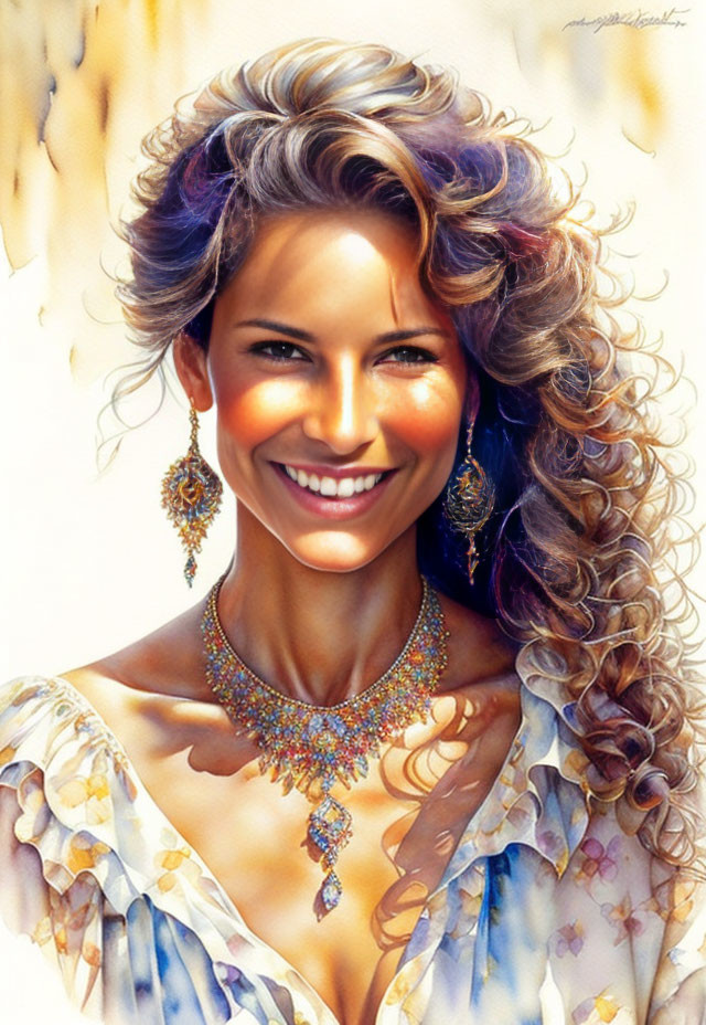 Smiling woman with purple-tinted curly hair and ornate jewelry on abstract creamy backdrop