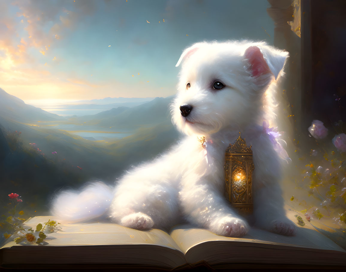 Fluffy white puppy on book with serene landscape view