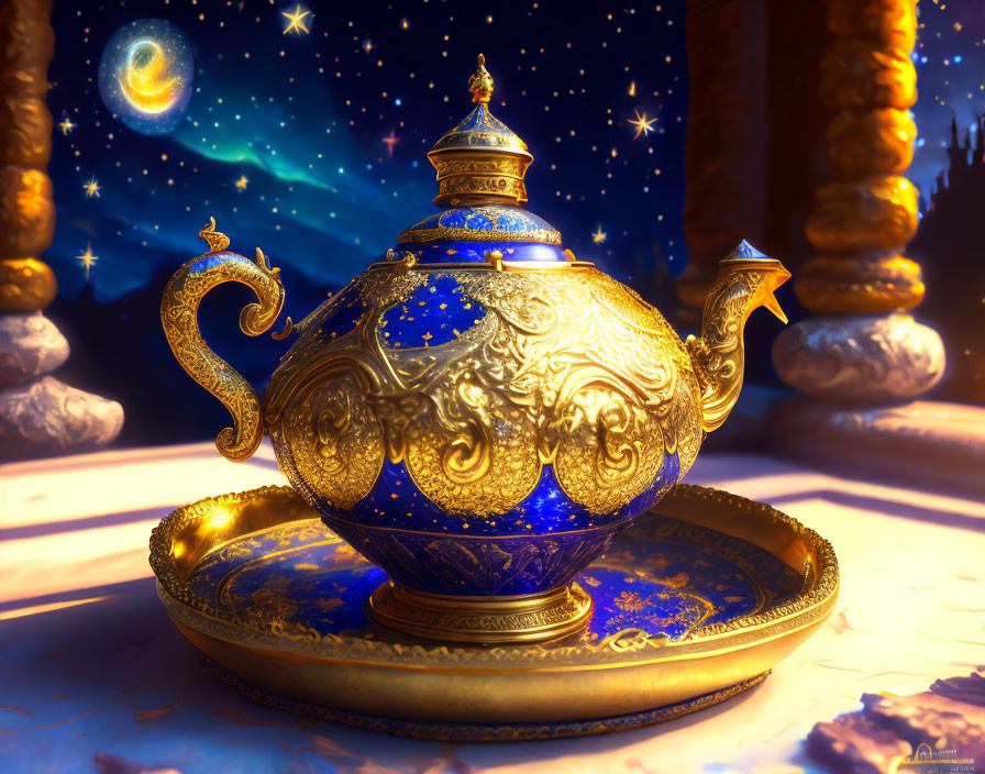 Golden-Blue Teapot on Tray with Intricate Patterns in Arabian Night Setting