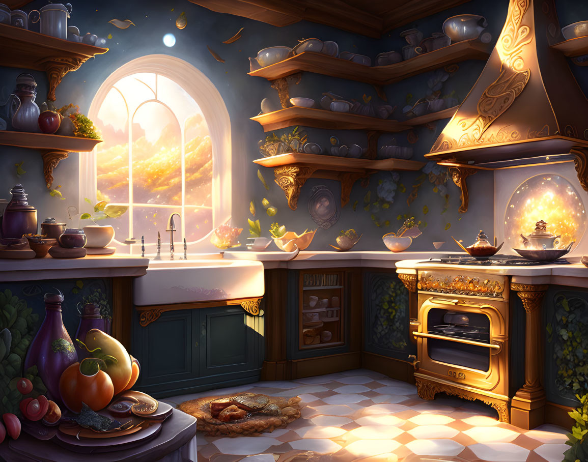 Fantasy kitchen with ornate stove, pottery shelves, crystal ball, and sunset view