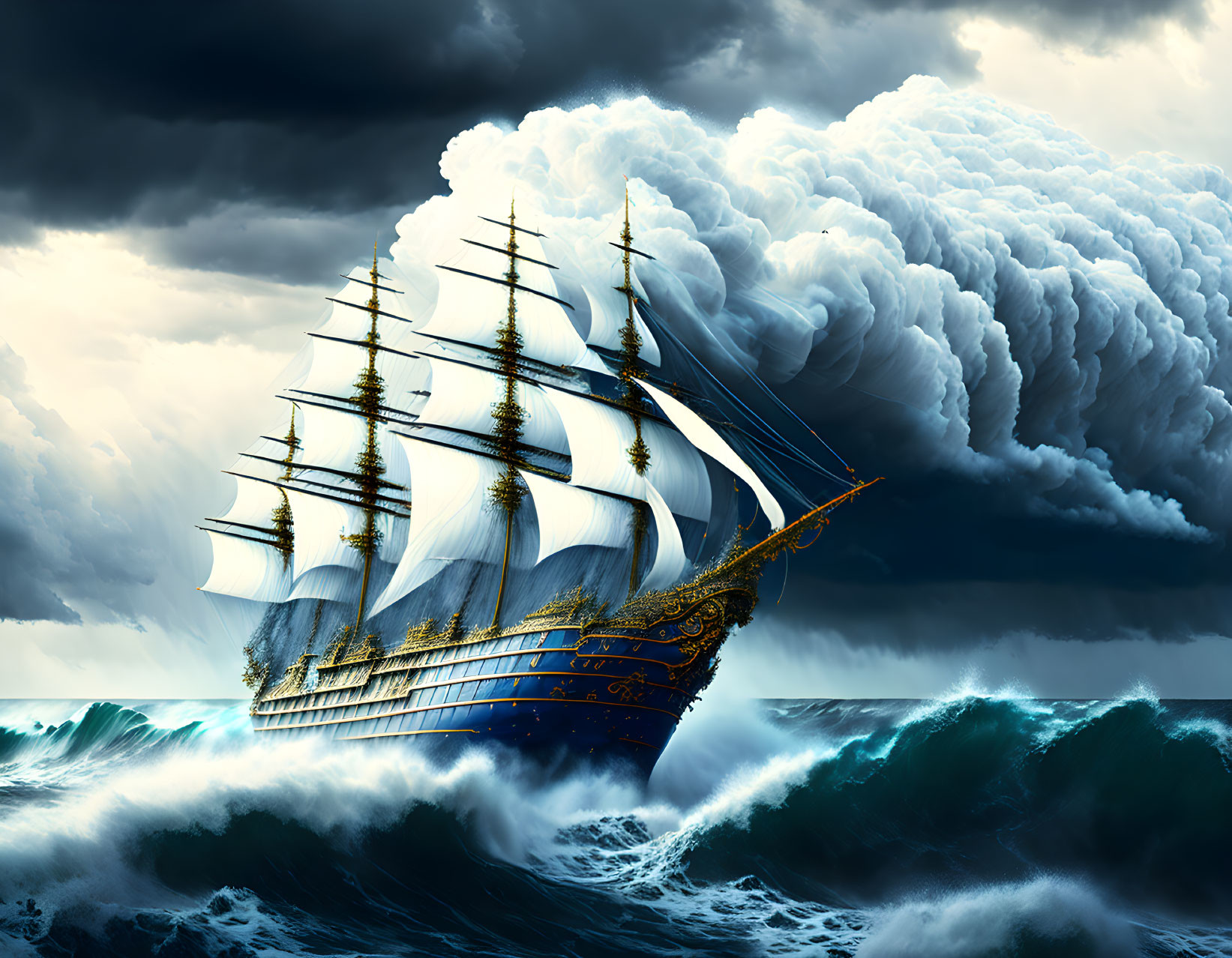 Tall ship sailing in stormy seas under dark clouds