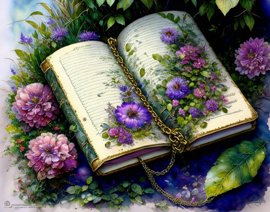 Illustrated botanical book next to vibrant floral arrangement with gold chain