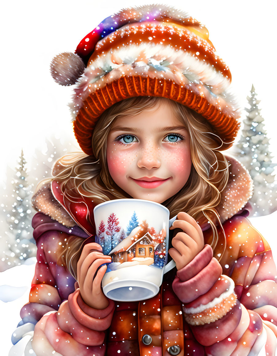 Digital winter illustration of young girl with mug in snowy landscape