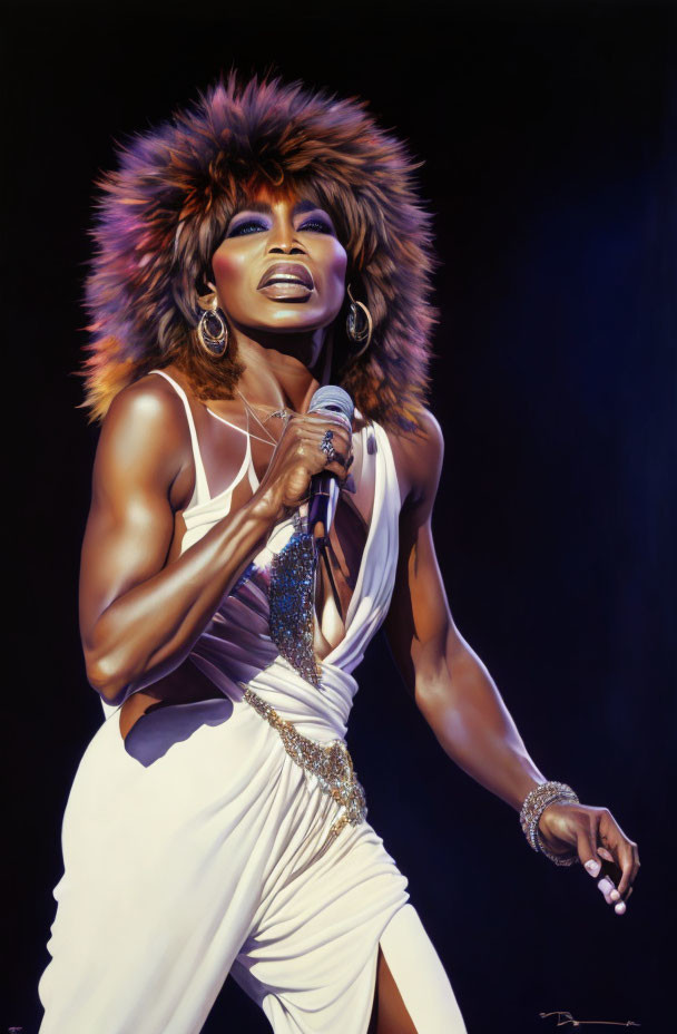 Colorful portrait of singer with voluminous hair in white outfit and gold jewelry performing with microphone