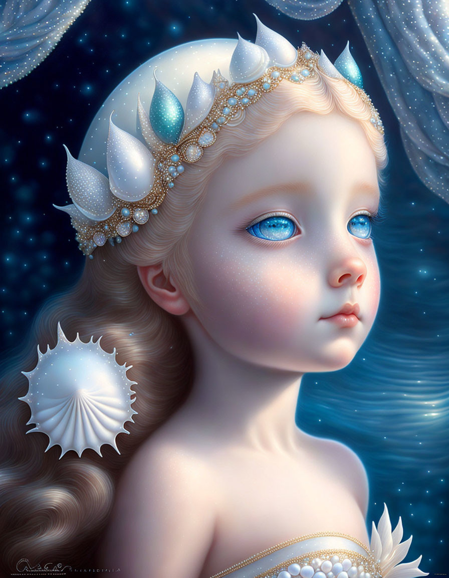 Young girl digital artwork: Blue-eyed blonde with crown in starry night.