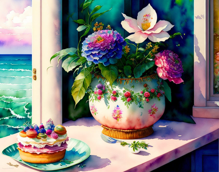 Colorful Watercolor Painting of Floral Arrangement, Ocean View, and Pastries