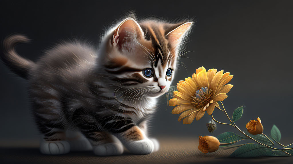 Blue-eyed striped kitten explores large orange flower on dark background