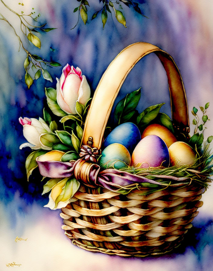 Watercolor painting of wicker basket with Easter eggs and spring flowers.