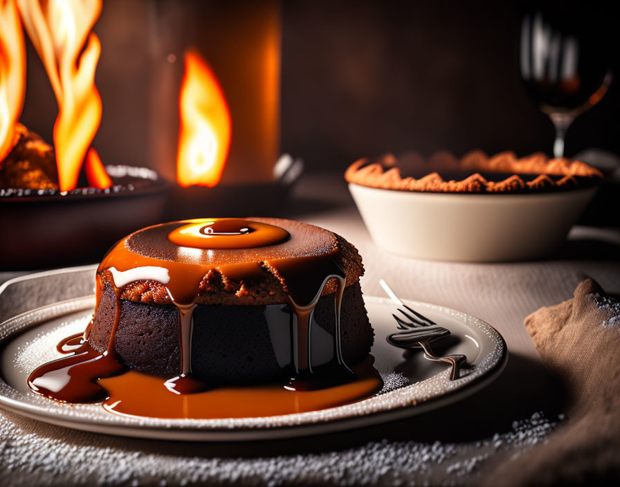 Decadent chocolate lava cake with caramel on white plate, fireplace backdrop, and distant pie.