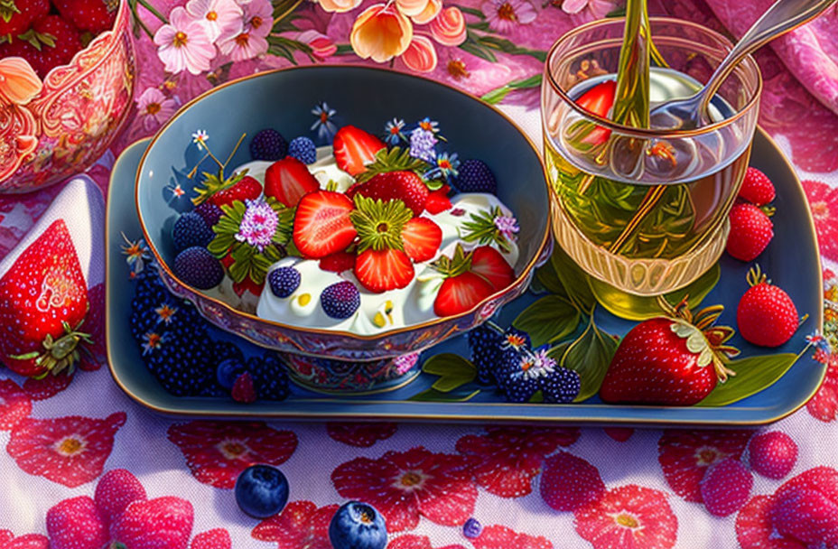 Colorful mixed berry bowl with cream and flowers on floral tray.